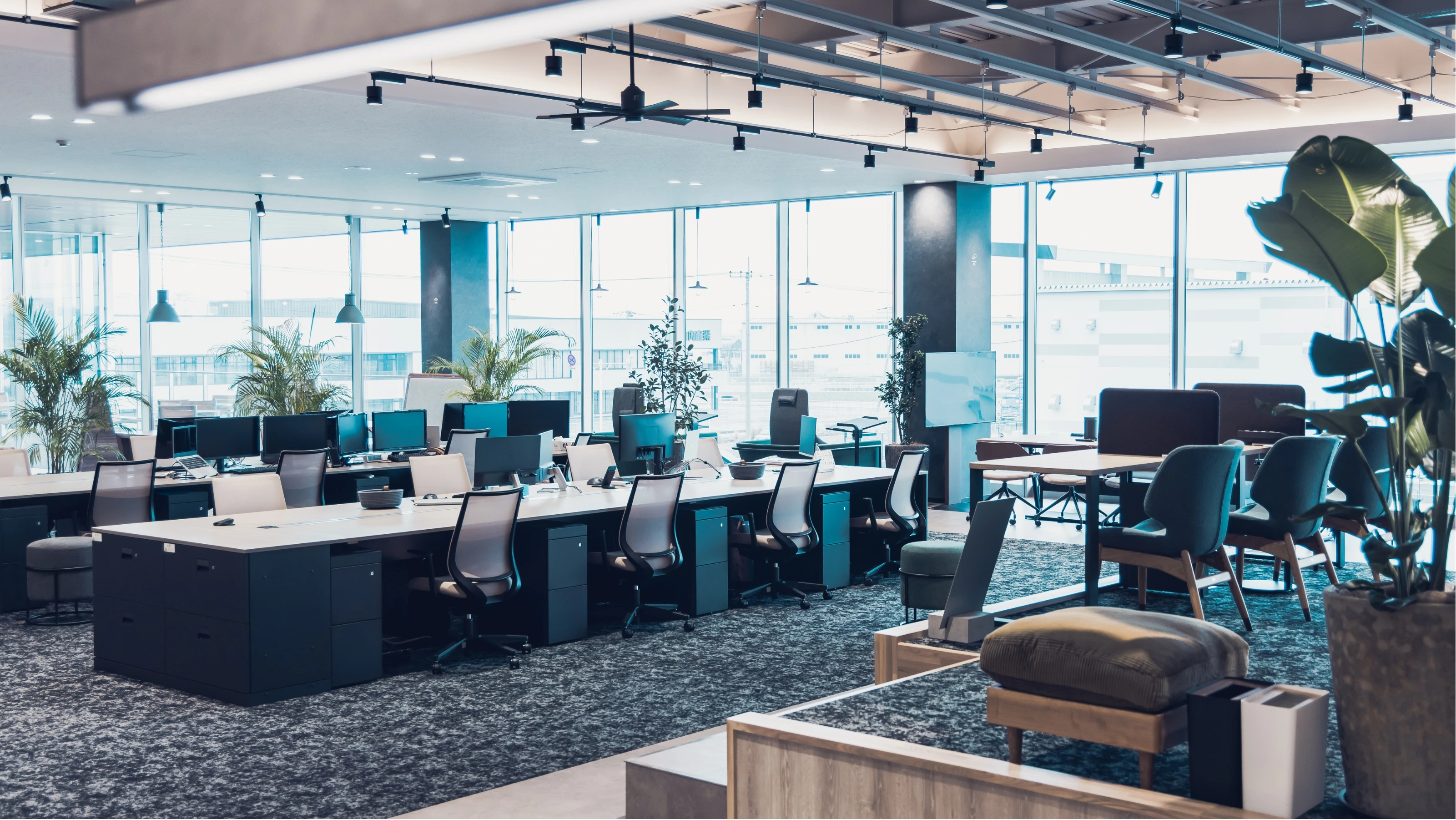 自然光が差し込む開放的でモダンなオフィス。整理整頓されたデスクと観葉植物が並ぶワークスペース。