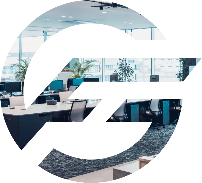 アルファベットの「FG」の形を模したフレームに切り取られた、モダンなオフィス空間（デスク、チェア、観葉植物）。ブランドロゴとオフィス風景を融合させたグラフィック。